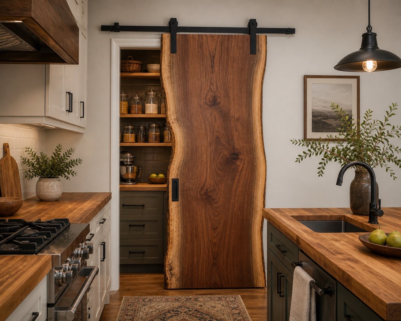 Live-edge barn door used for a kitchen pantry