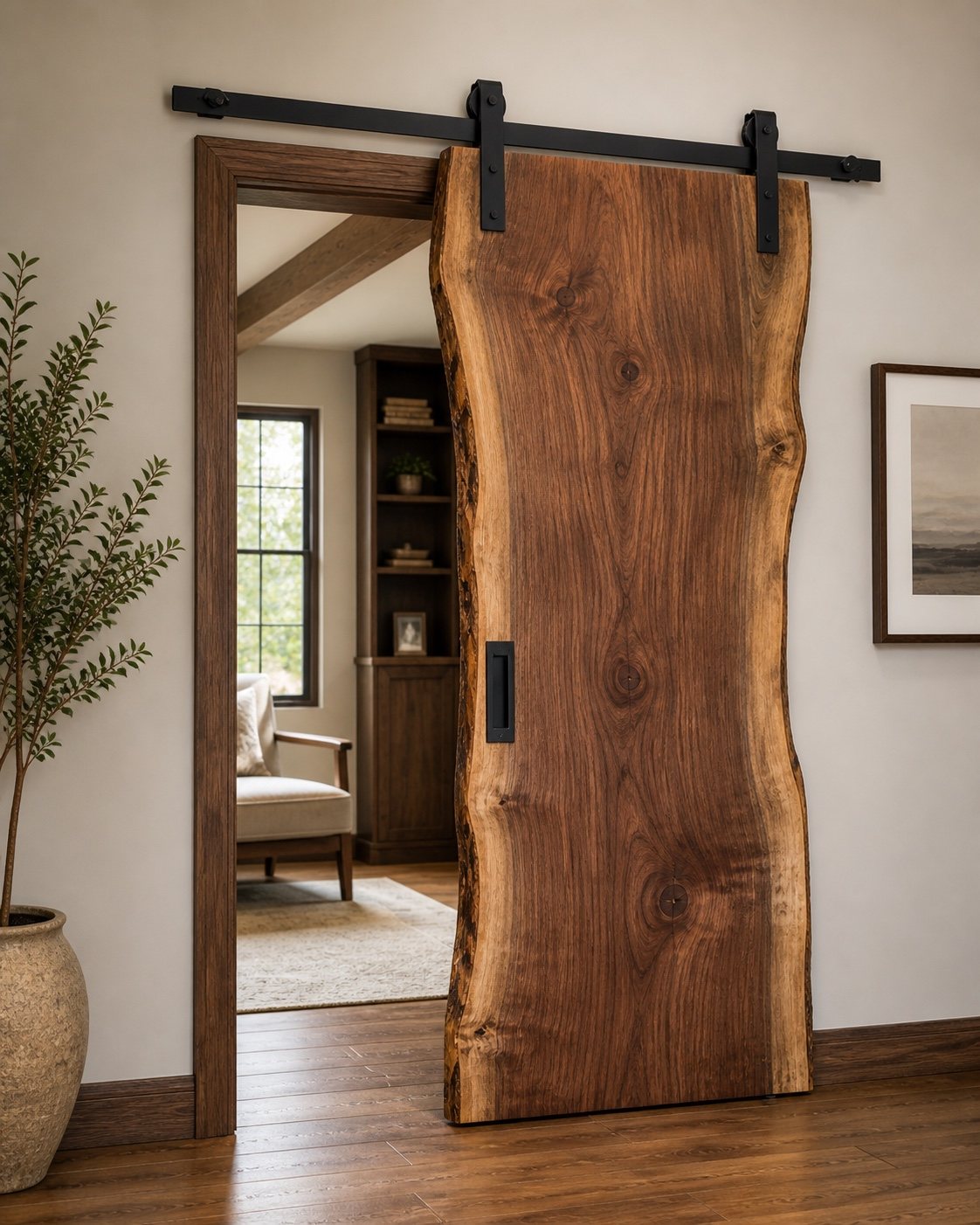 Live-edge barn door in a living space